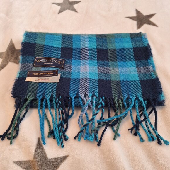 James Pringle Weavers Unisex Turquoise Fusion Blue Plaid Tartan Fringe Scarf 59" - Picture 3 of 5